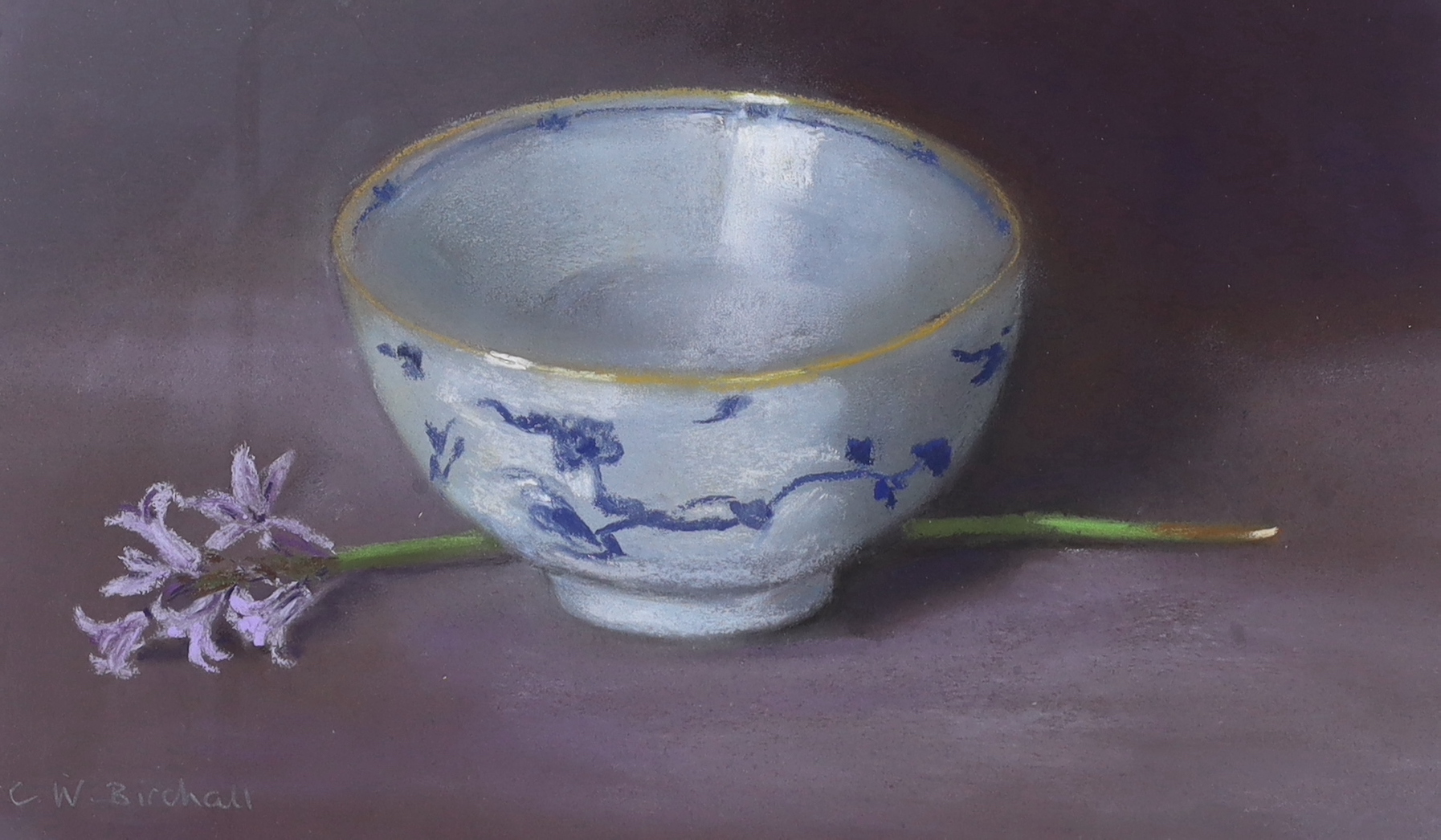 Christine (Christie) Birchall SWA (Contemporary) pastel, Chinese bowl and bluebells, signed, details verso, 28cm x 17cm